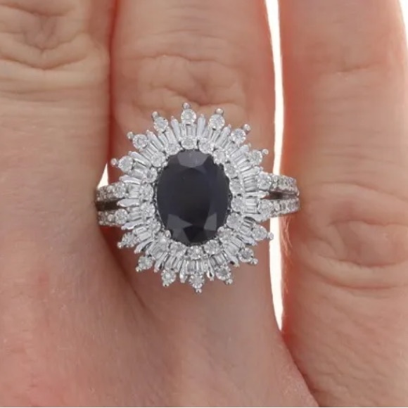 EFFY Statement Ring 14k White Gold, huge Sapphire Nestled in Tons of Diamonds LN - Picture 10 of 14